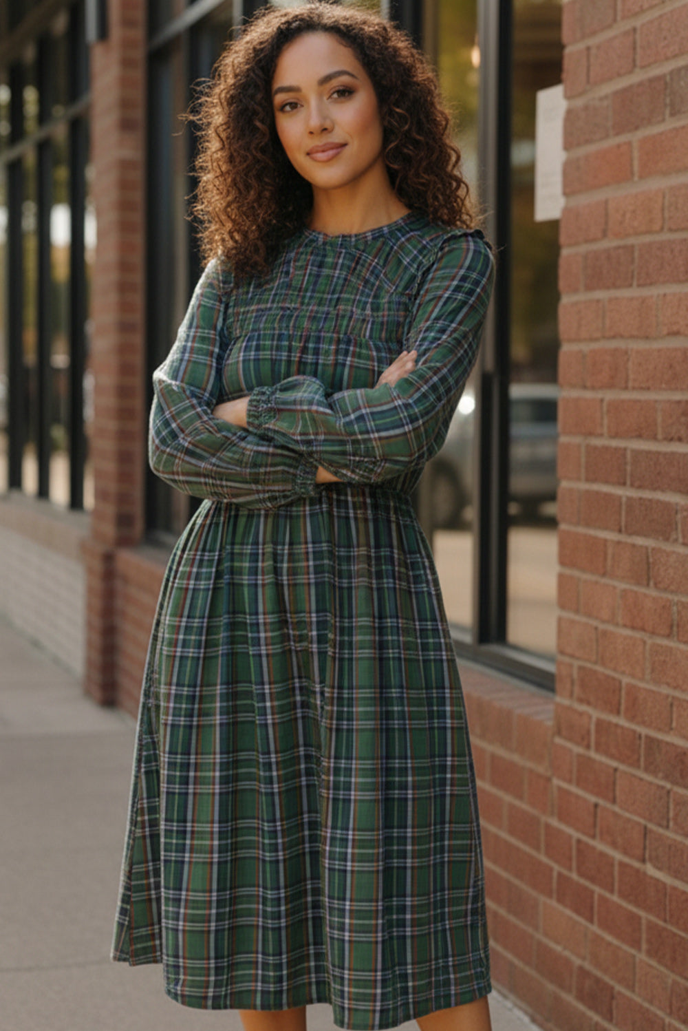 Haptics Hunter Green Midi Plaid Dress with Side Pockets