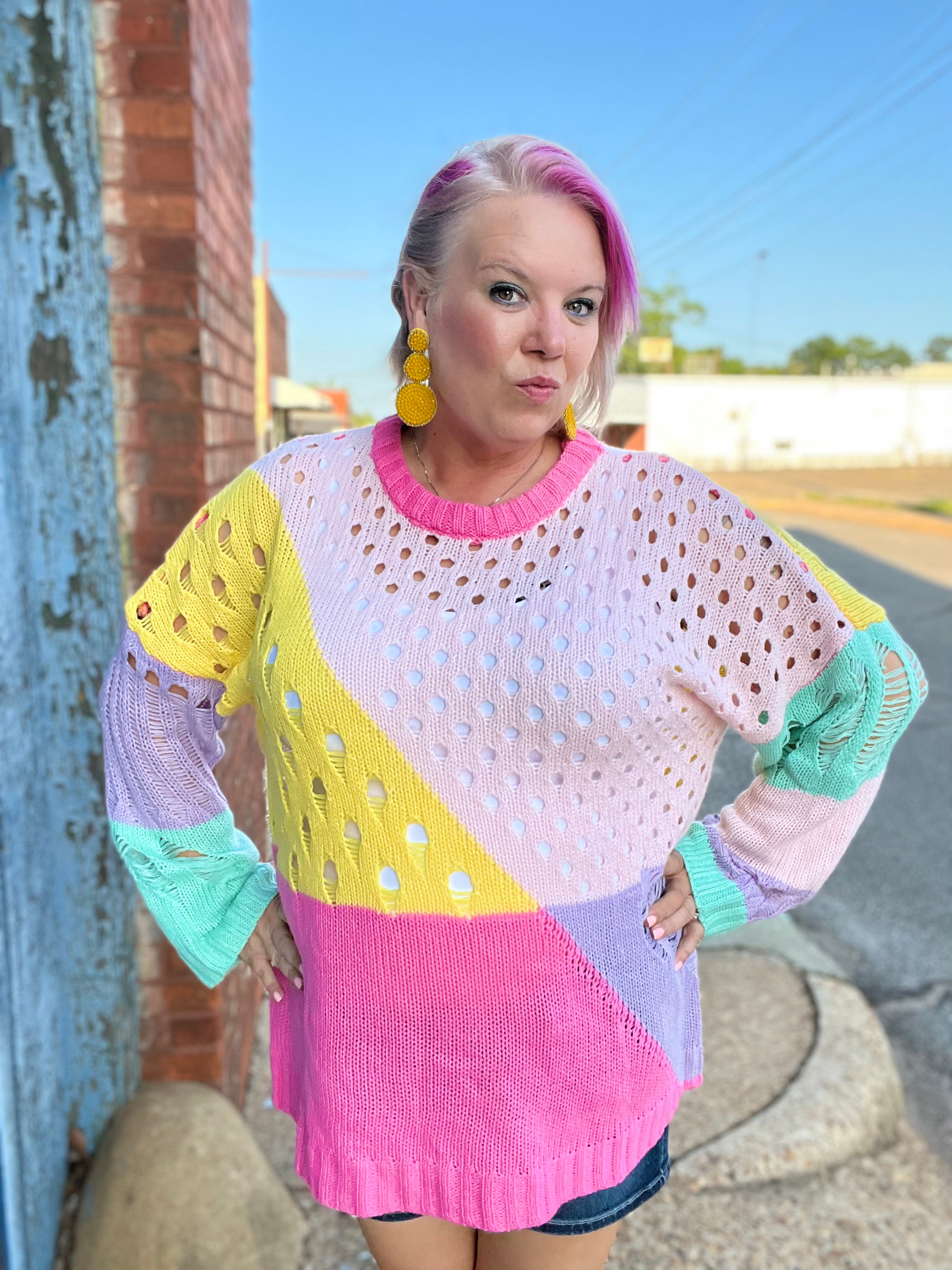 Dani & Davi Multi Color Pastel Color Block Open Knit Sweater Shirts & Tops