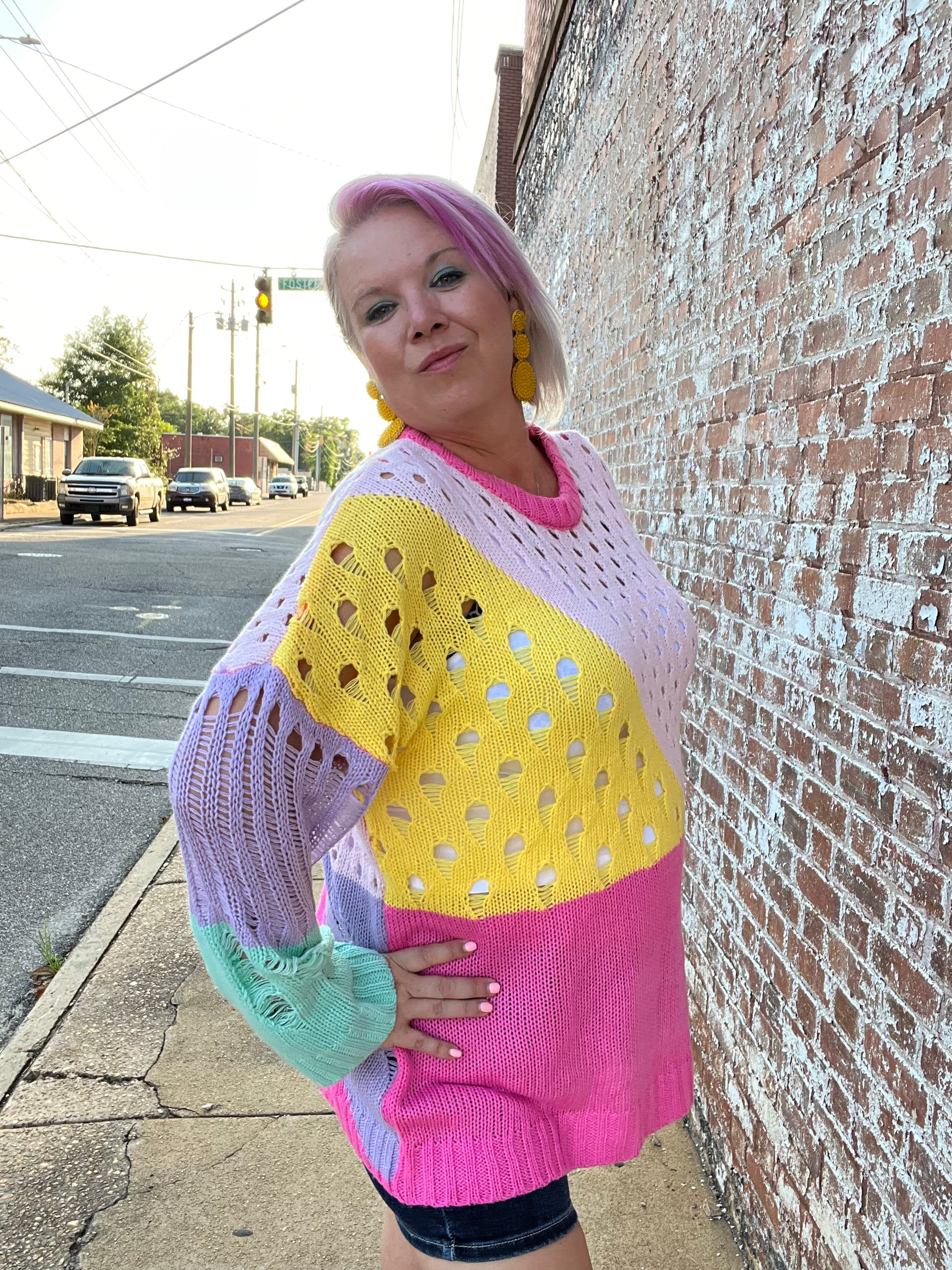 Dani & Davi Multi Color Pastel Color Block Open Knit Sweater Shirts & Tops