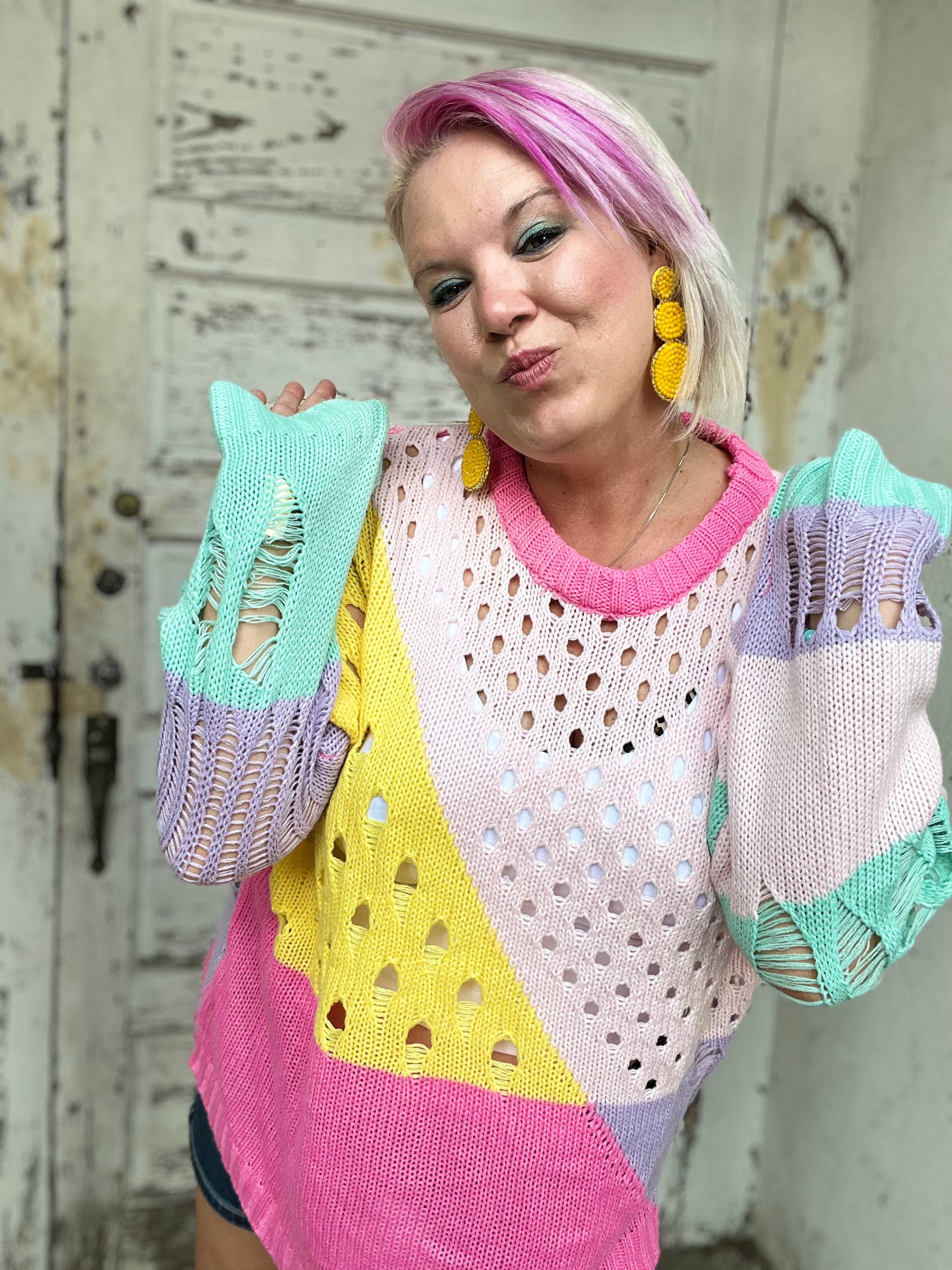 Dani & Davi Multi Color Pastel Color Block Open Knit Sweater Shirts & Tops