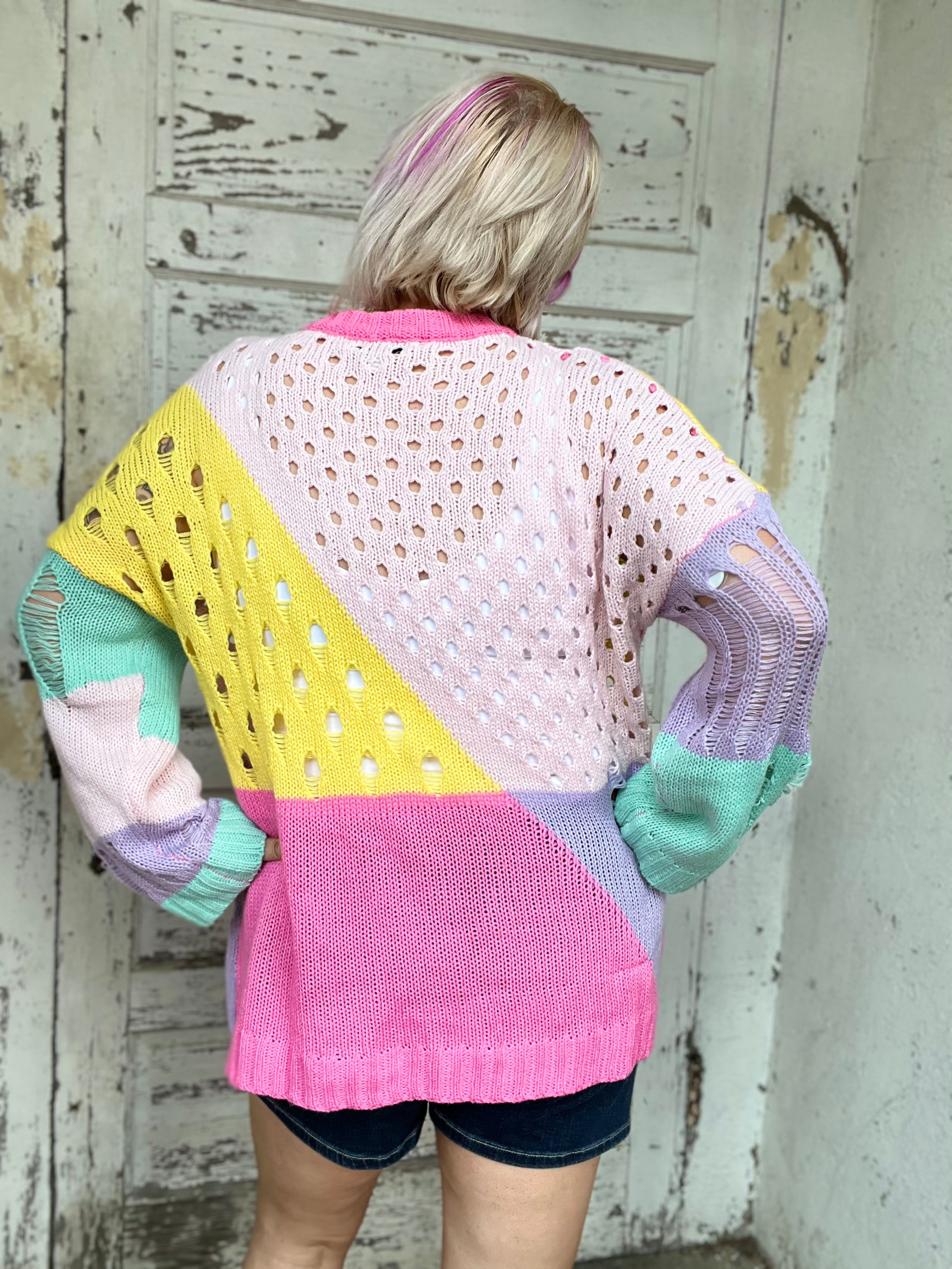 Dani & Davi Multi Color Pastel Color Block Open Knit Sweater Shirts & Tops