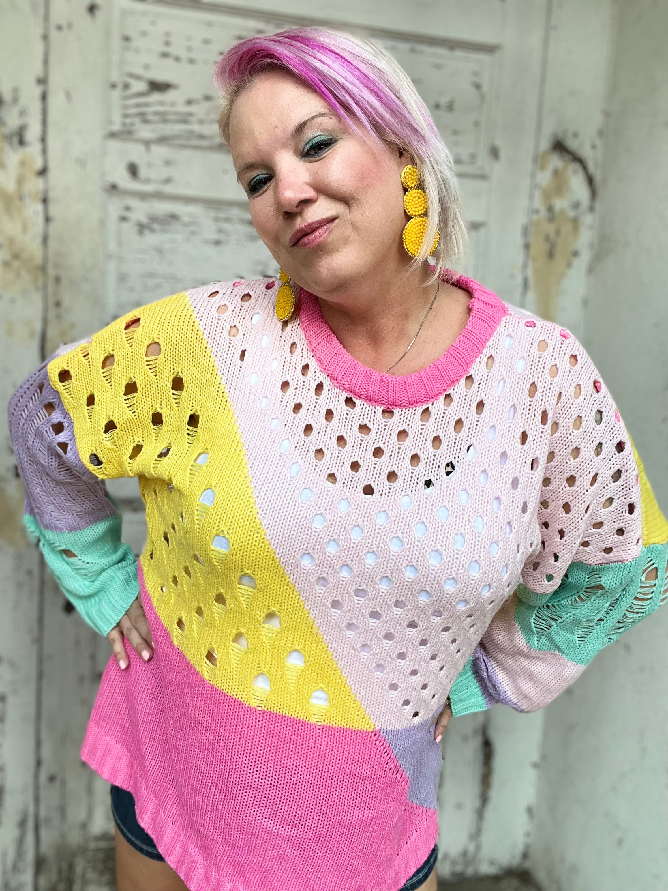 Dani & Davi Multi Color Pastel Color Block Open Knit Sweater Shirts & Tops