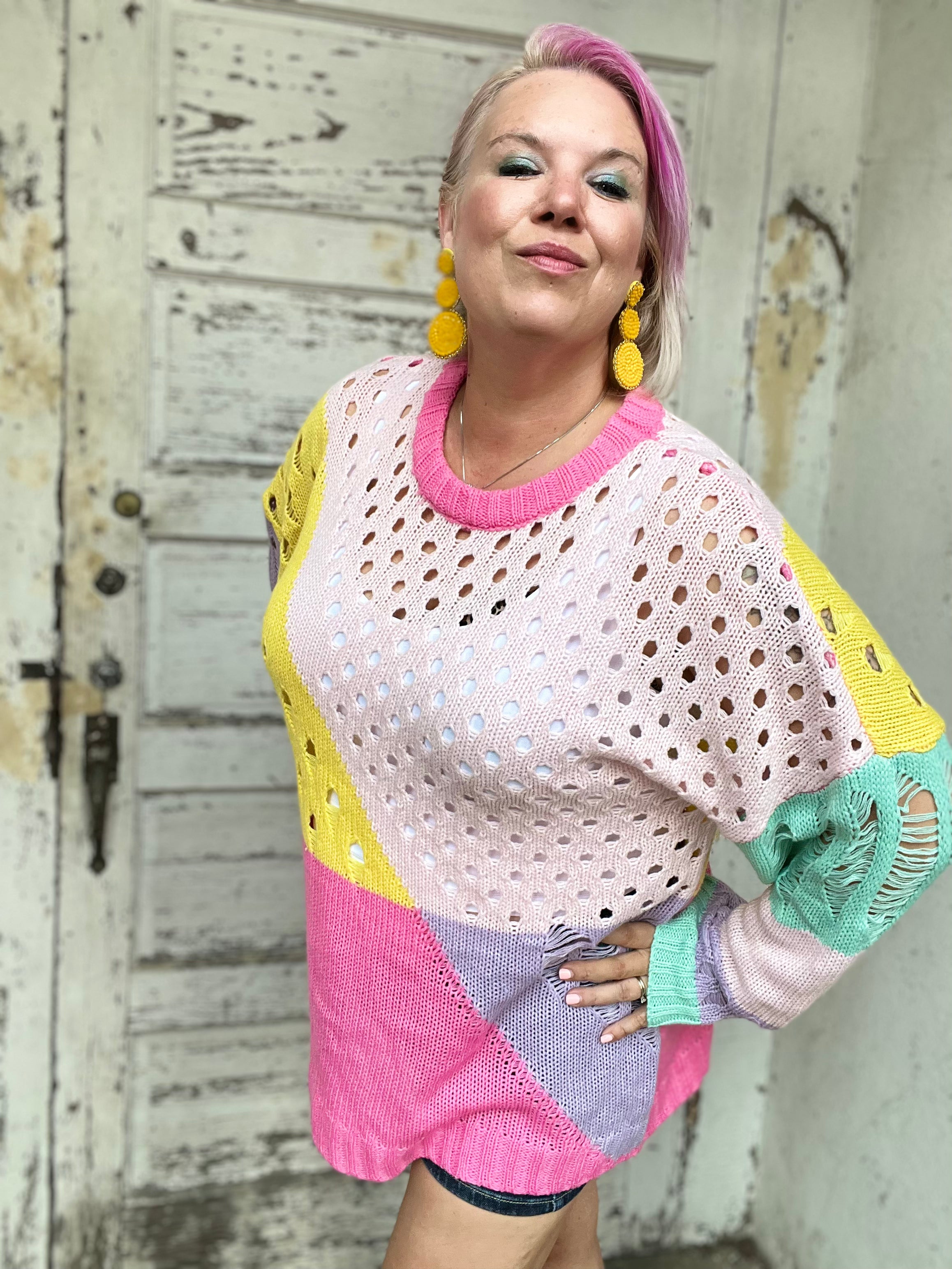 Dani & Davi Multi Color Pastel Color Block Open Knit Sweater Shirts & Tops