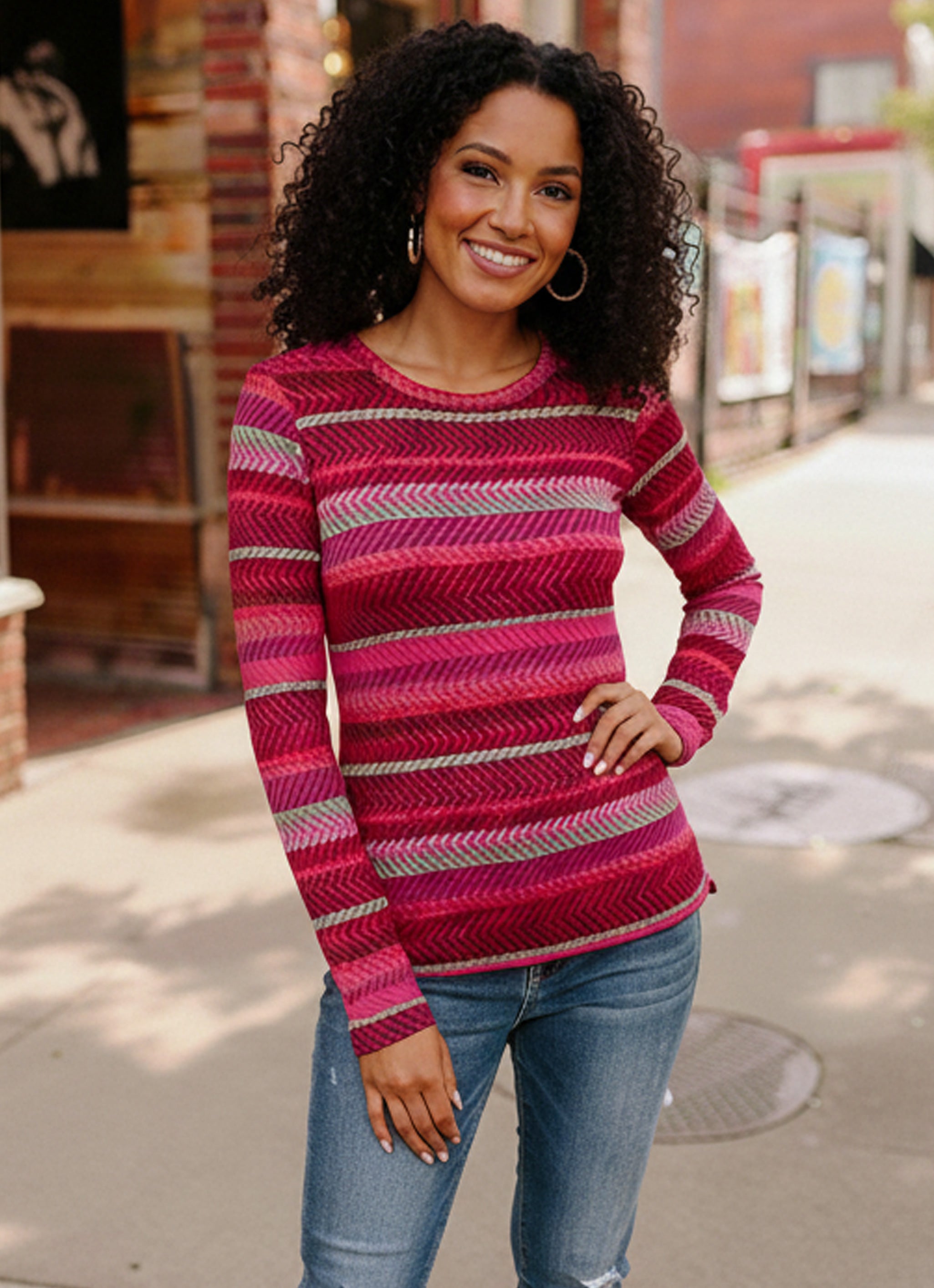 Haptics Magenta Fitted Fit Stripe Herringbone Print Soft Hacci Knit Long Sleeve Top Large