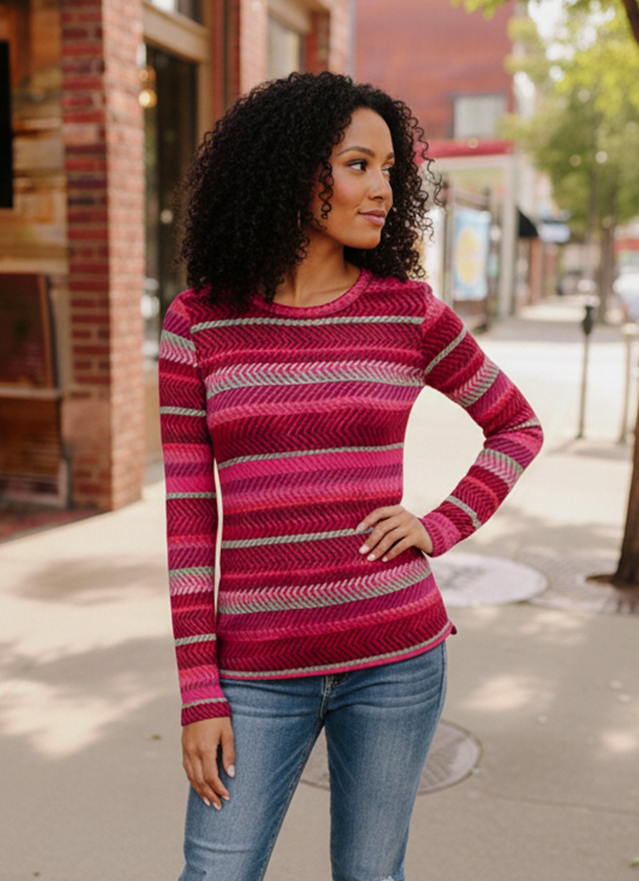 Haptics Magenta Fitted Fit Stripe Herringbone Print Soft Hacci Knit Long Sleeve Top