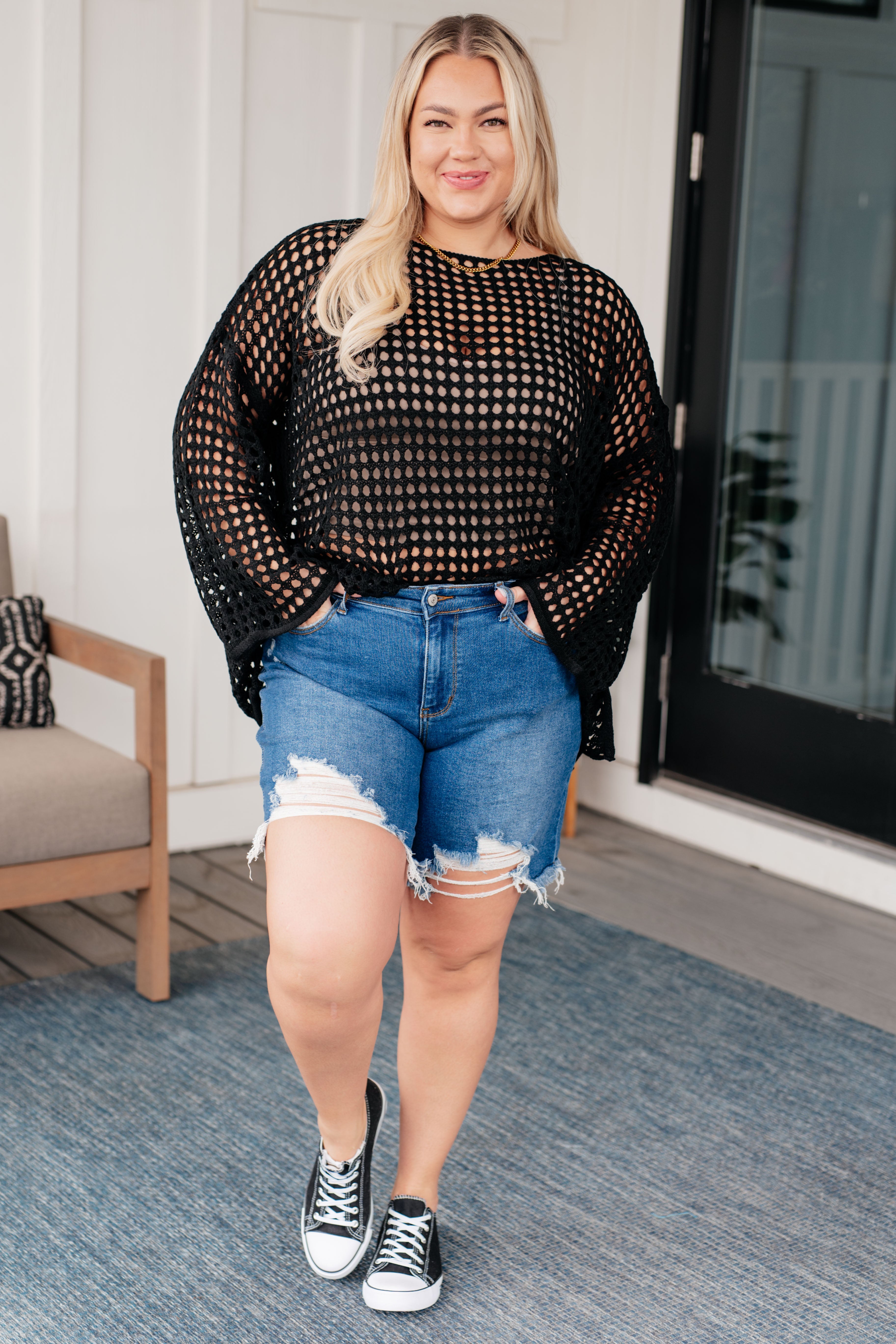 White Birch Ask Anyway Fishnet Sweater Shirts & Tops