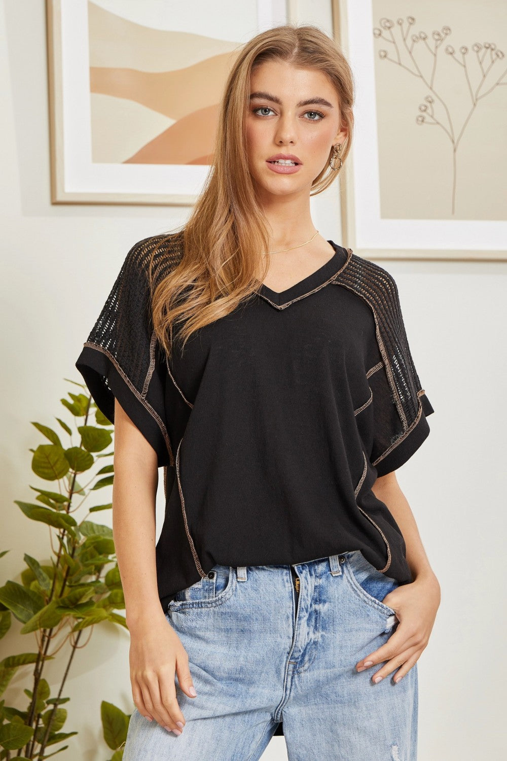 Andree By Unit Tunic Top with V-Neckline and Crochet Shoulder Details 3XL Tops