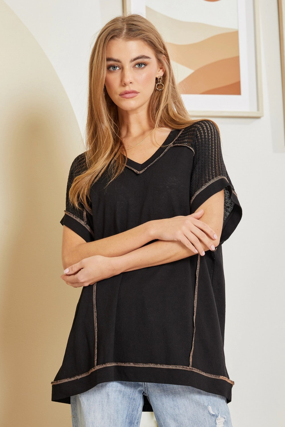 Andree By Unit Tunic Top with V-Neckline and Crochet Shoulder Details Tops