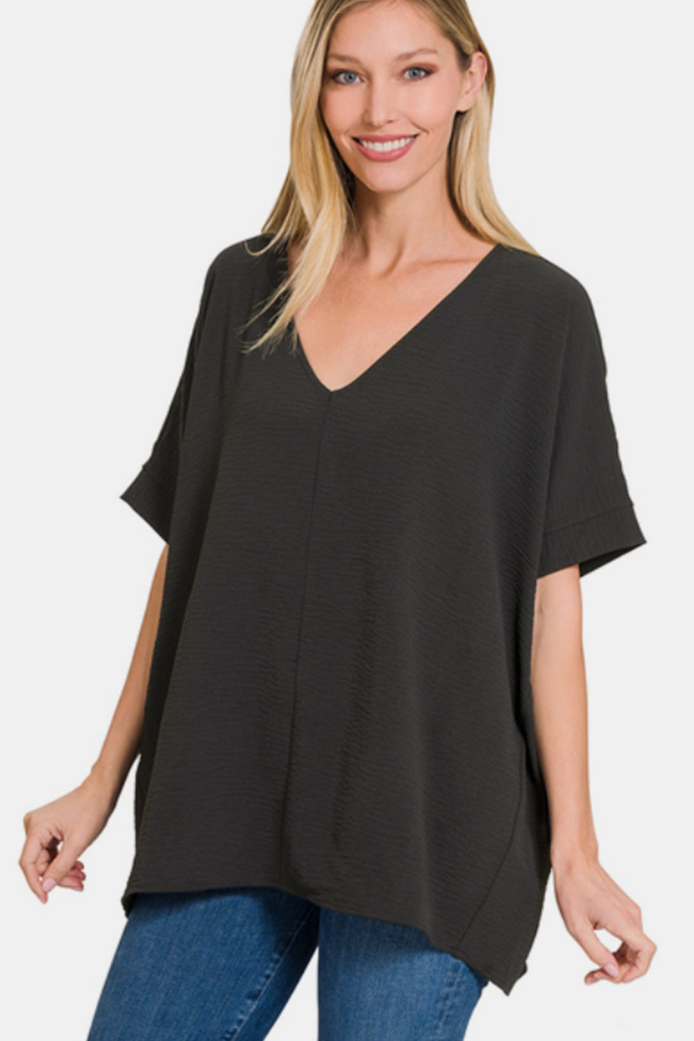 Zenana Black Airflow V-Neck Short Sleeve Top BLACK