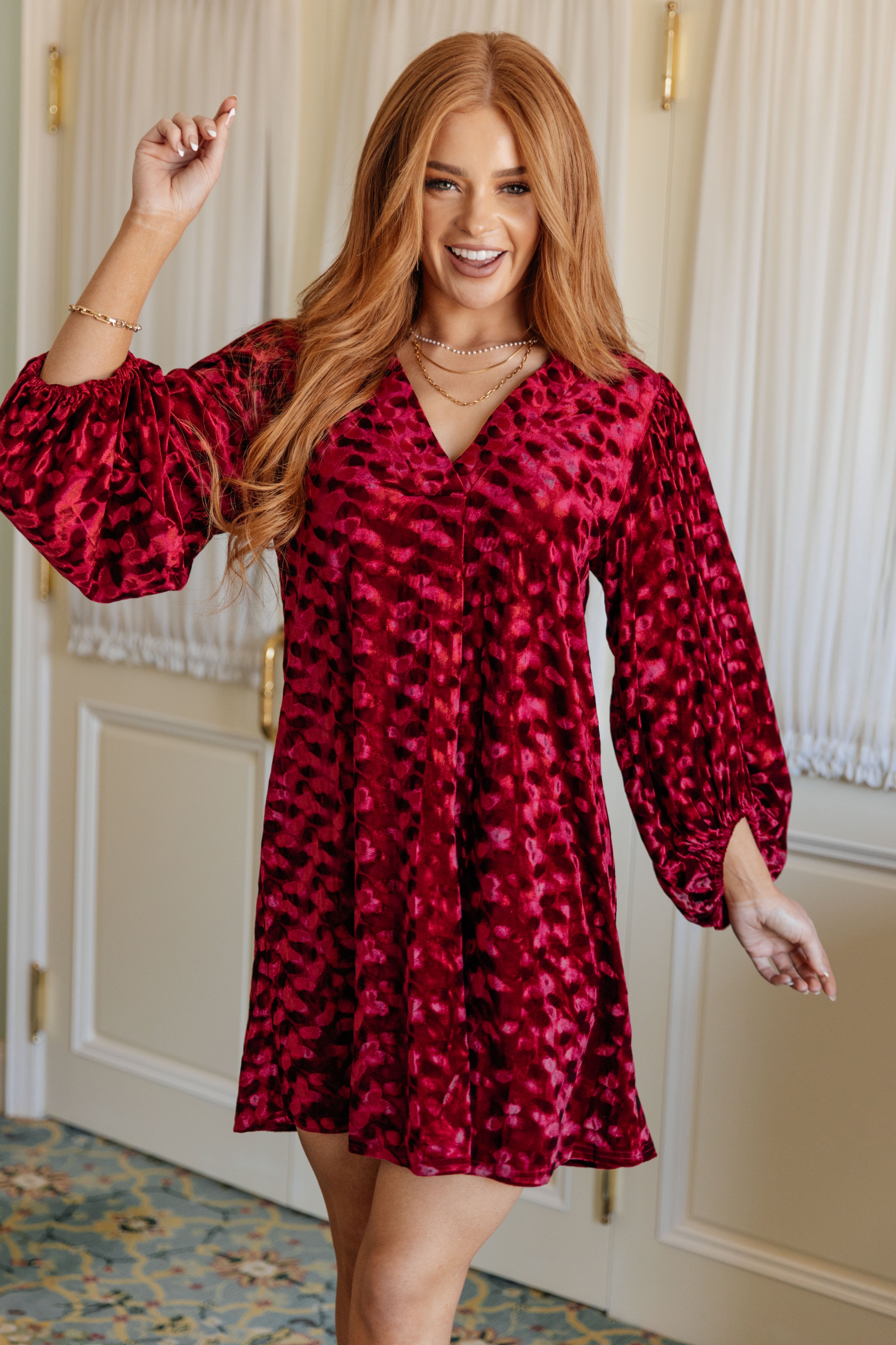 Jodifl Size S Regal Radiance V-Neck Red Velvet Textured Dress Dresses