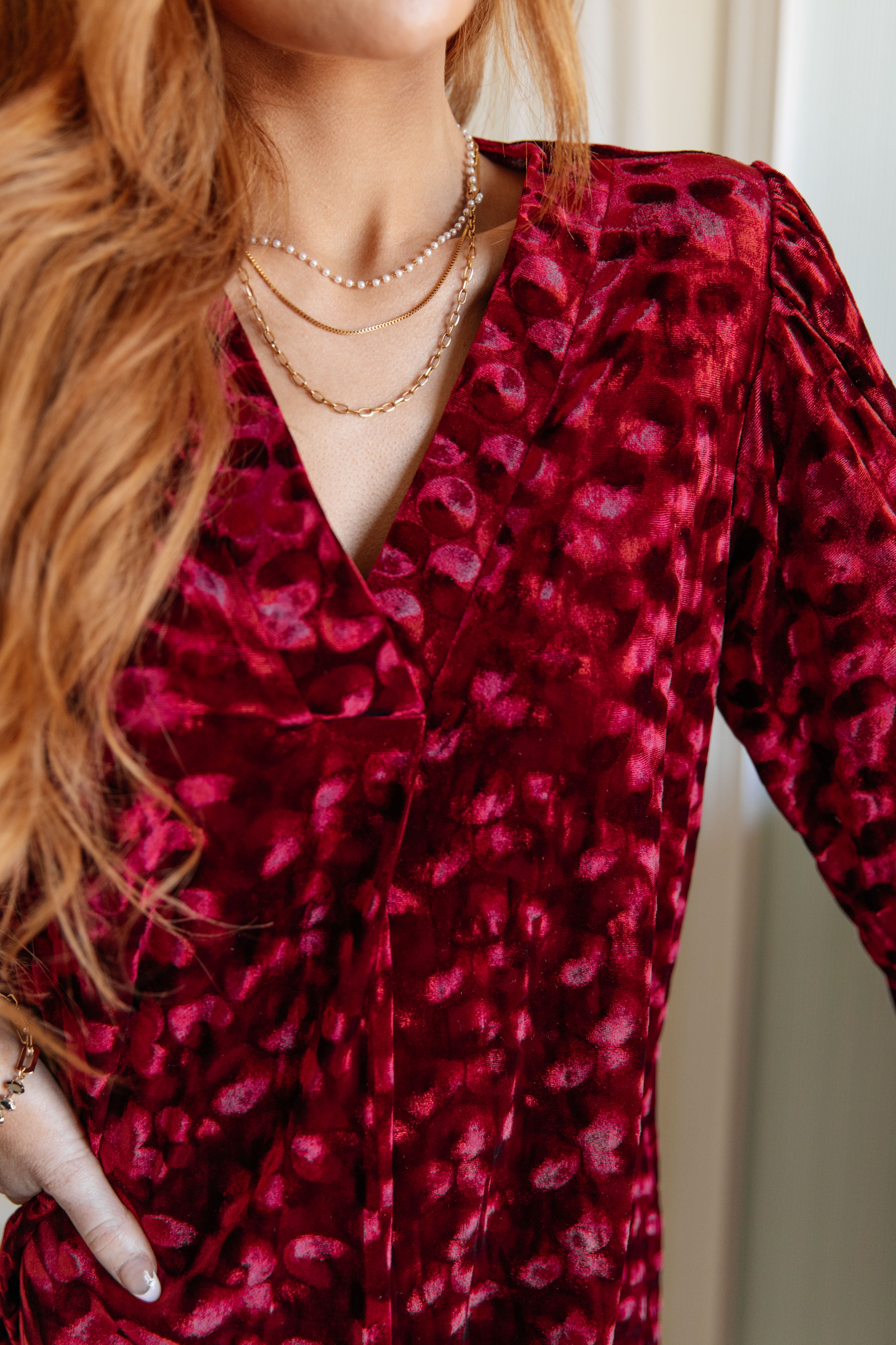 Jodifl Size S Regal Radiance V-Neck Red Velvet Textured Dress Dresses