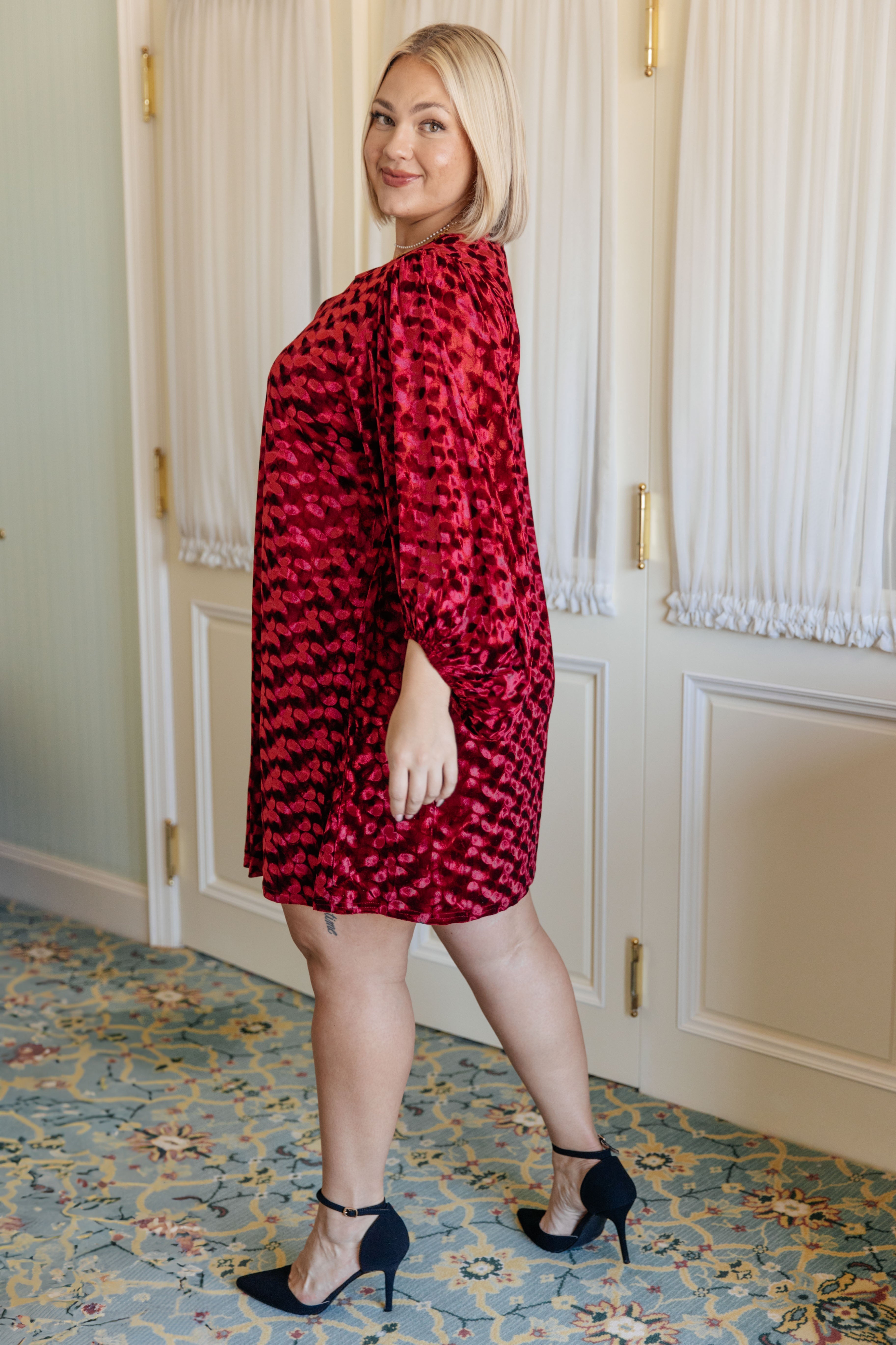 Jodifl Size S Regal Radiance V-Neck Red Velvet Textured Dress Dresses