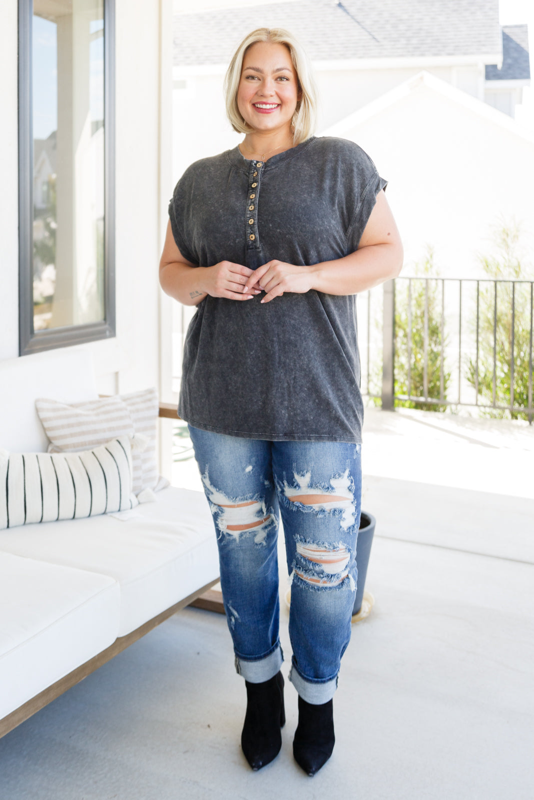 Jodifl She's Alright Mineral Wash Sleeveless Henley Shirts & Tops