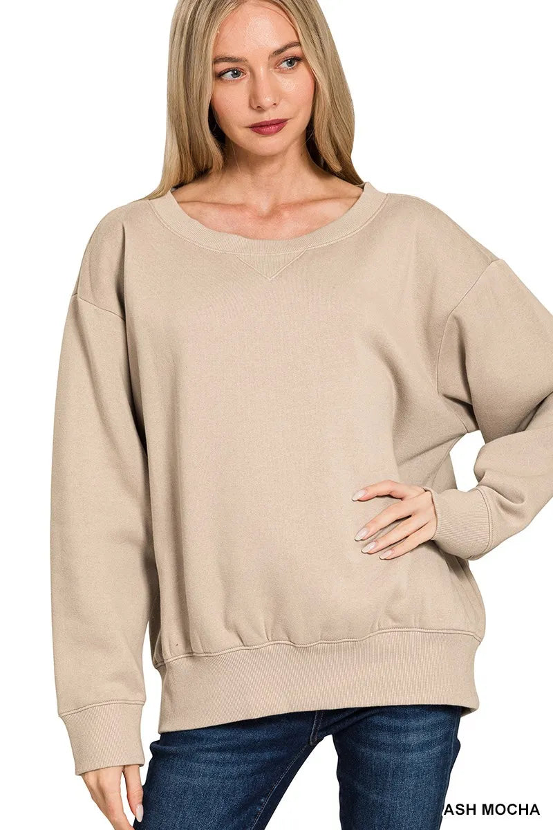 Zenana Ash Mocha Fleece Boat Neck Sweatshirt
