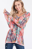 BiBi Multi Color Tie Dye V-Neck Long Sleeve Hacci Top