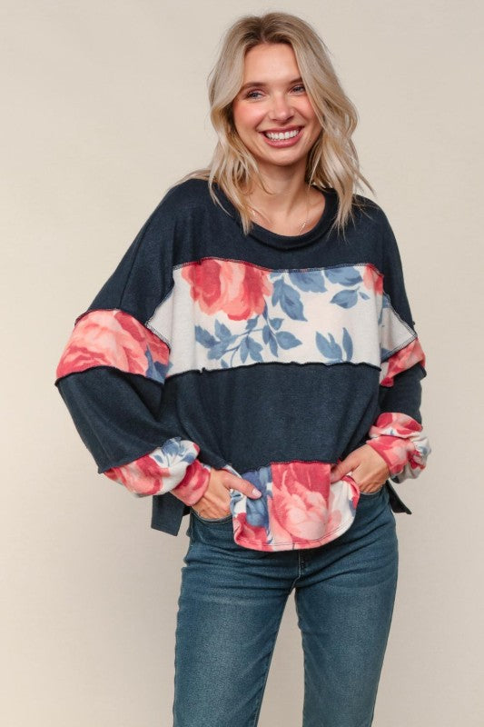 Haptics Floral Colorblock & Out-seam Overlock Stitching Long Sleeve Top