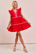 BiBi Red Game Day Theme Contrast Binding Ruffled Dress