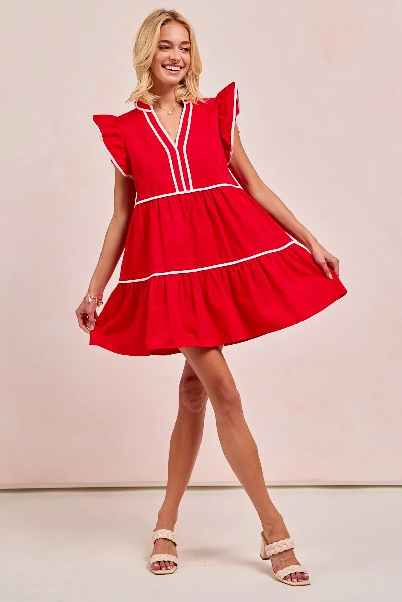 BiBi Red Game Day Theme Contrast Binding Ruffled Dress