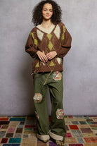 POL V-Neck Argyle Pattern Mohair Sweater with Contrast Exposed Stitch Detail