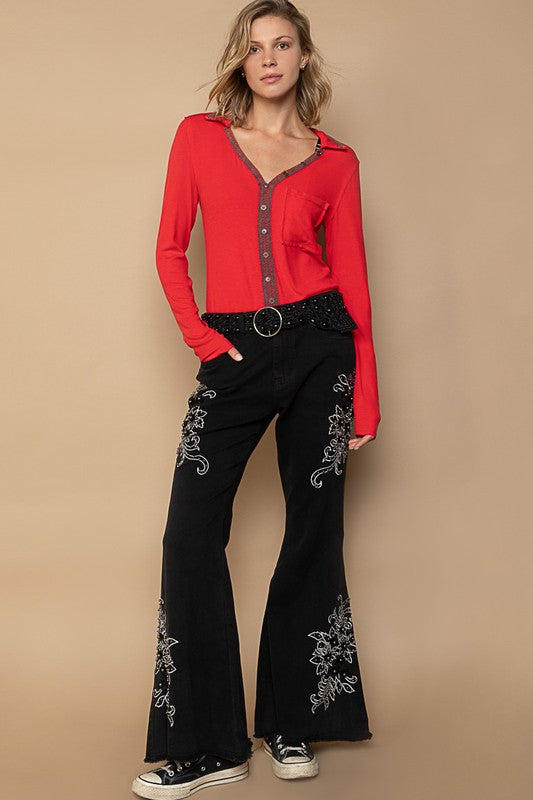 POL Black Raw Hem Contrast Embroidered Stretchable Twill Flare Pants Jeans