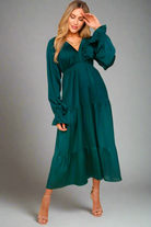 Haptics Elegant Hunter Green Elastic V Neck Tiered Satin Maxi Dress Haptics