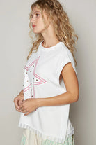 POL Off White Star Patch Studded Sleeveless Knit Top with Lace Hem