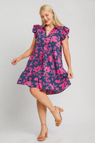 Umgee Navy & Pink Floral Print Ruffle Cap Sleeve Tiered Dress