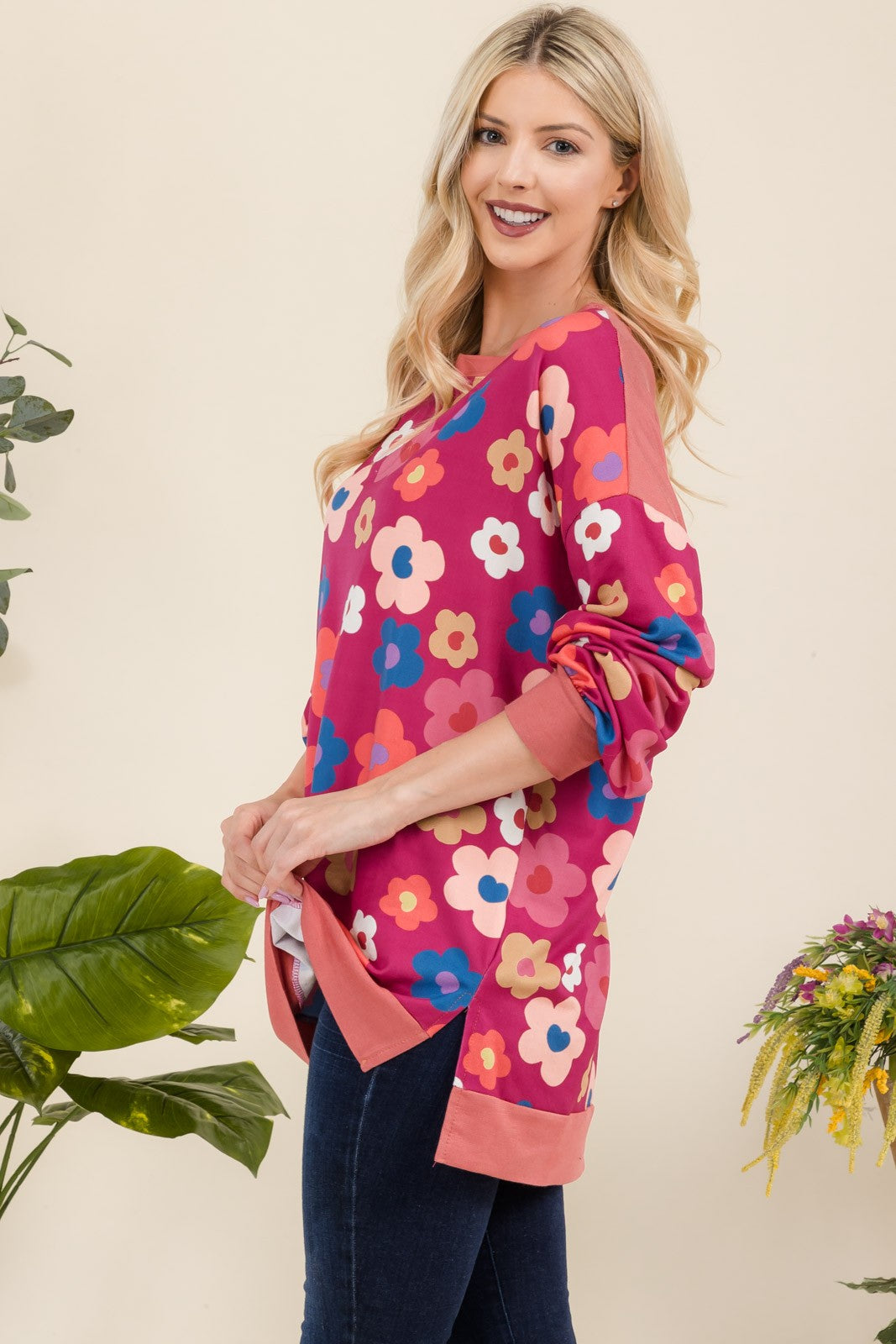 Celeste Fuchsia Floral Side Slit Flower Print Long Sleeve Top Shirts & Tops