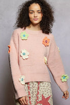 POL Pink Round Neck Long Sleeve Sweater with 3D Floral Patch Detail ROSE PINK