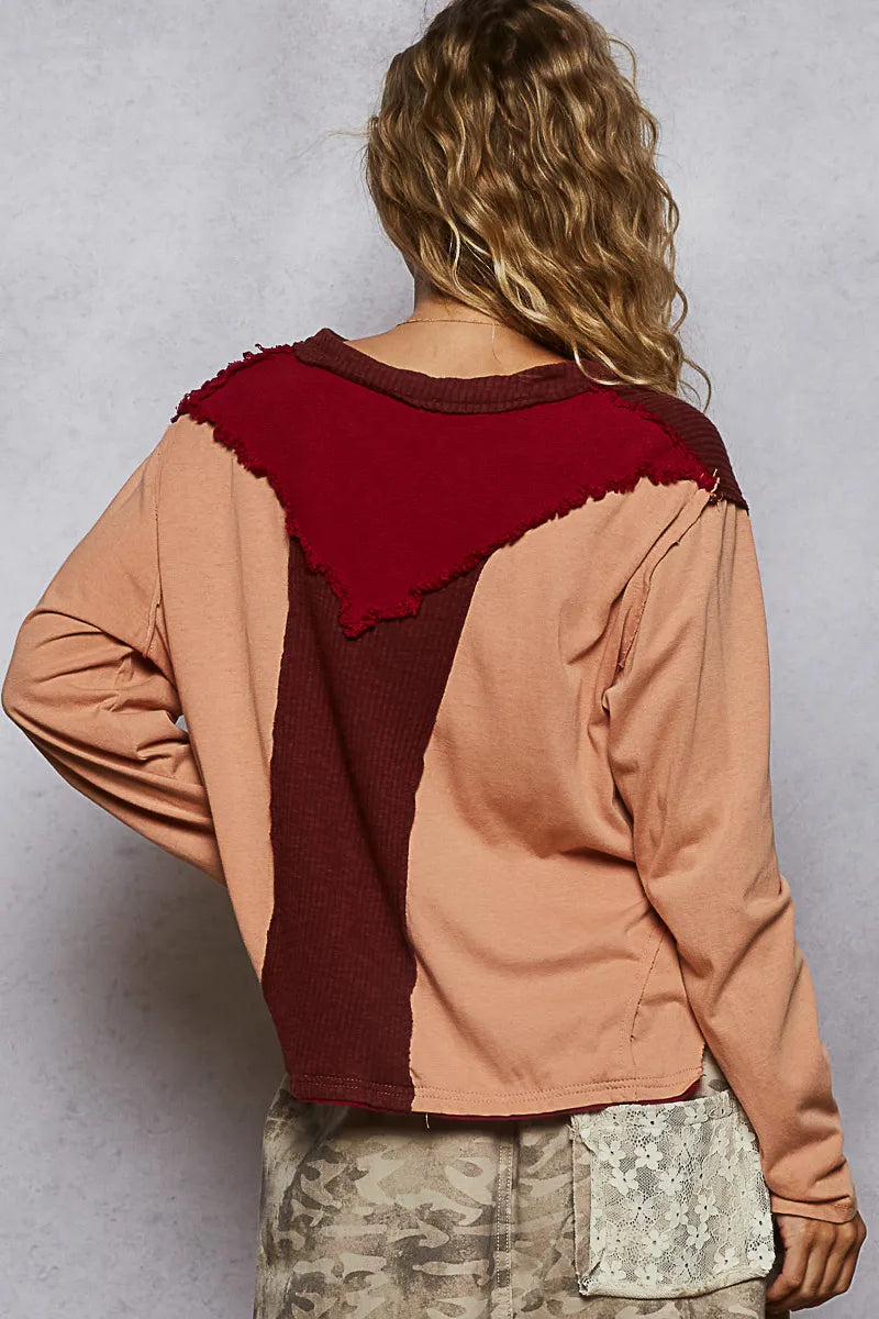 POL Burnt Coral Color Block Notched Long Sleeve T-Shirt