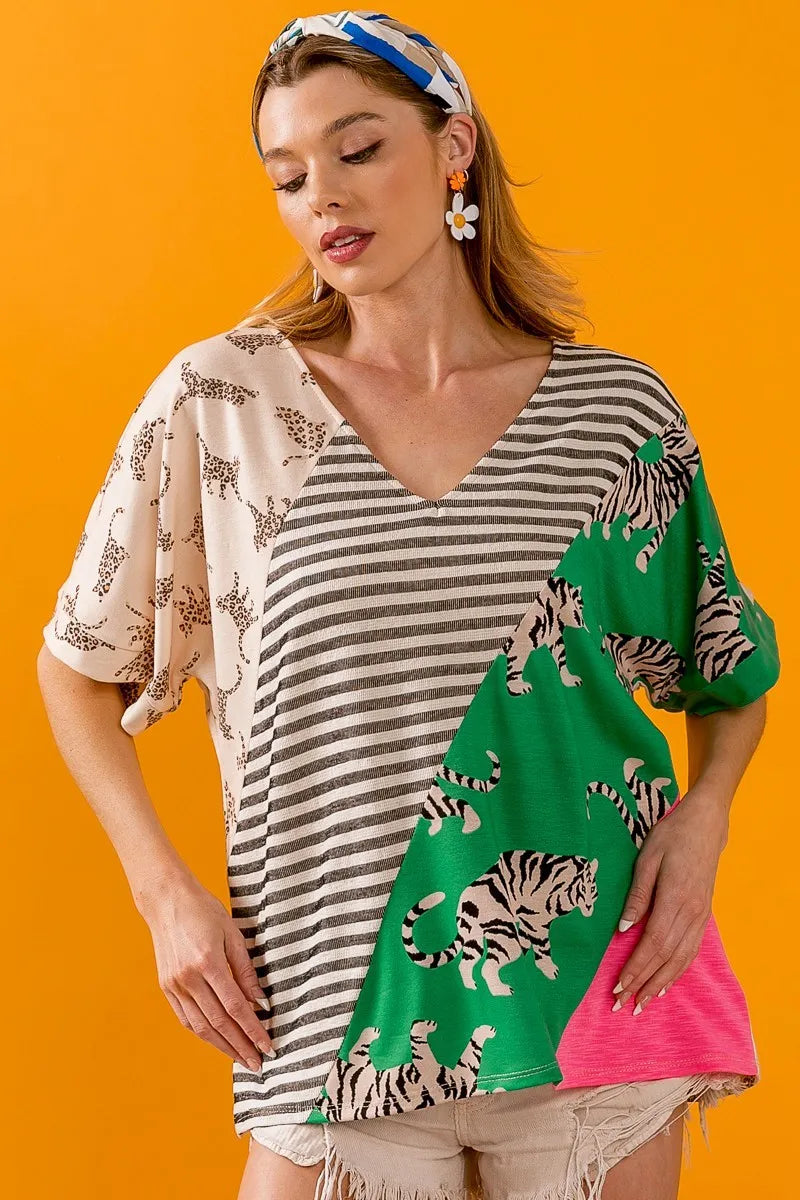 BiBi Tiger W Stripe Contrast Color Block V Neck Top LT.TAUPE GREEN