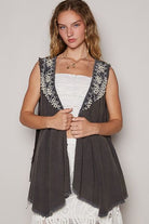 POL Charcoal Embroidered Pearls Open Front Sleeveless Cardigan