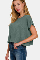 Zenana Ash Jade Round Neck Short Sleeve Crop T-Shirt Trendsi