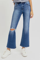 RISEN Dark Washed Distressed High Rise Crop Flare Jeans Dark Jeans