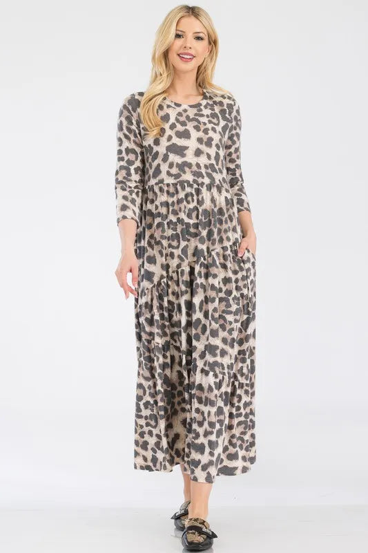 Celeste Leopard Print Asymmetric Tiered Midi-Dress