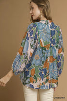 Umgee Green Mix Multicolor Abstract Floral Print Blouse with Ruffle Neck