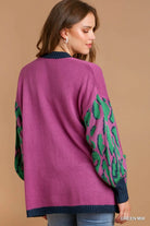 Umgee Green Mix Animal Print Open Front Sweater Cardigan