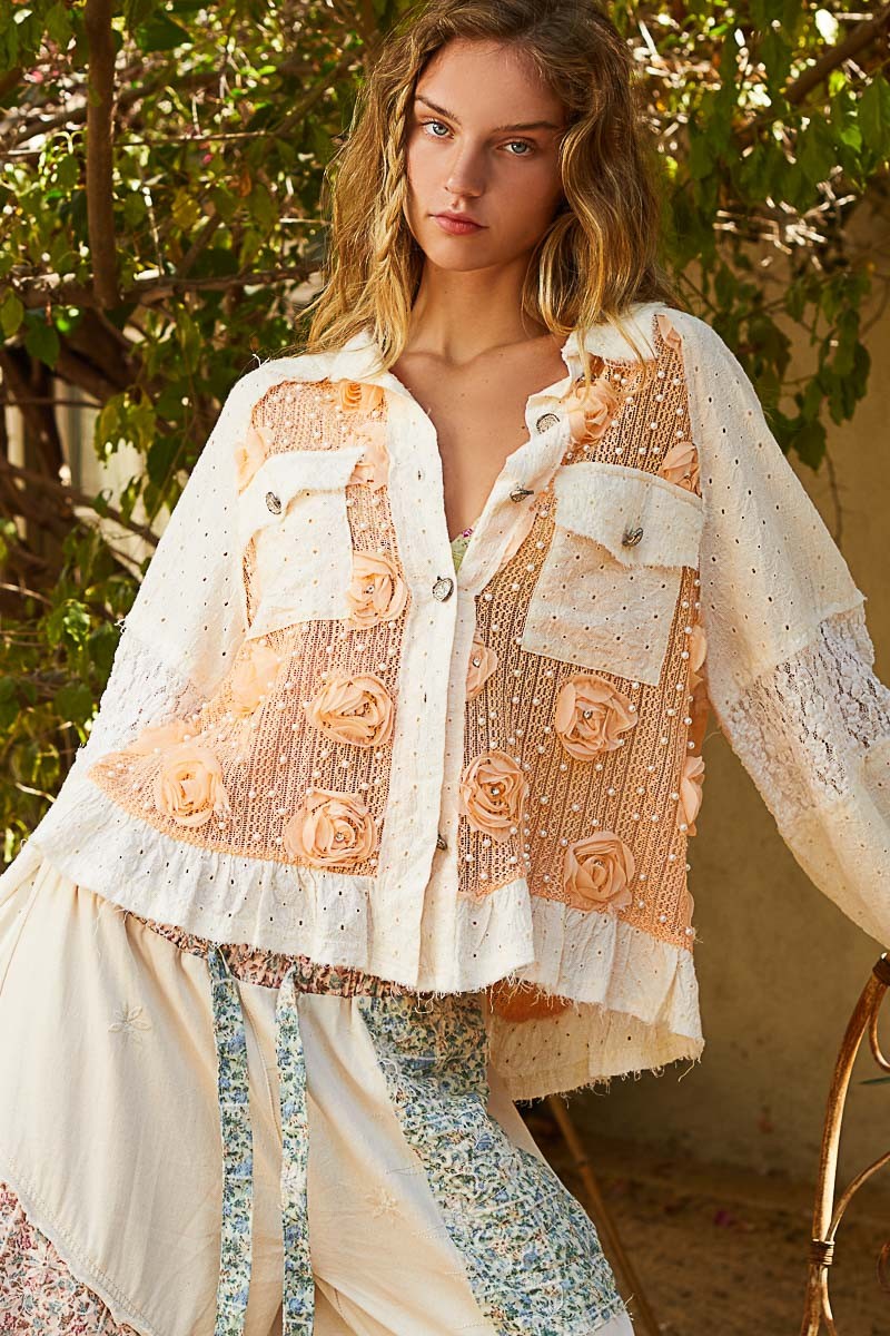 POL Eyelet Flower Pearl Detail Lace Patchwork Shirt in Apricot and Cream Apricot Cream Shirts