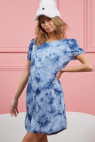 BiBi Navy Puff Sleeve With Side Pockets Tie Dye Dress