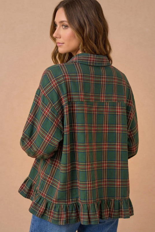 Ruffle the Rules Plaid Flannel Top in Green