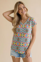 Haptics Boho Mosaic V-Neck Tee in Sunset Hues