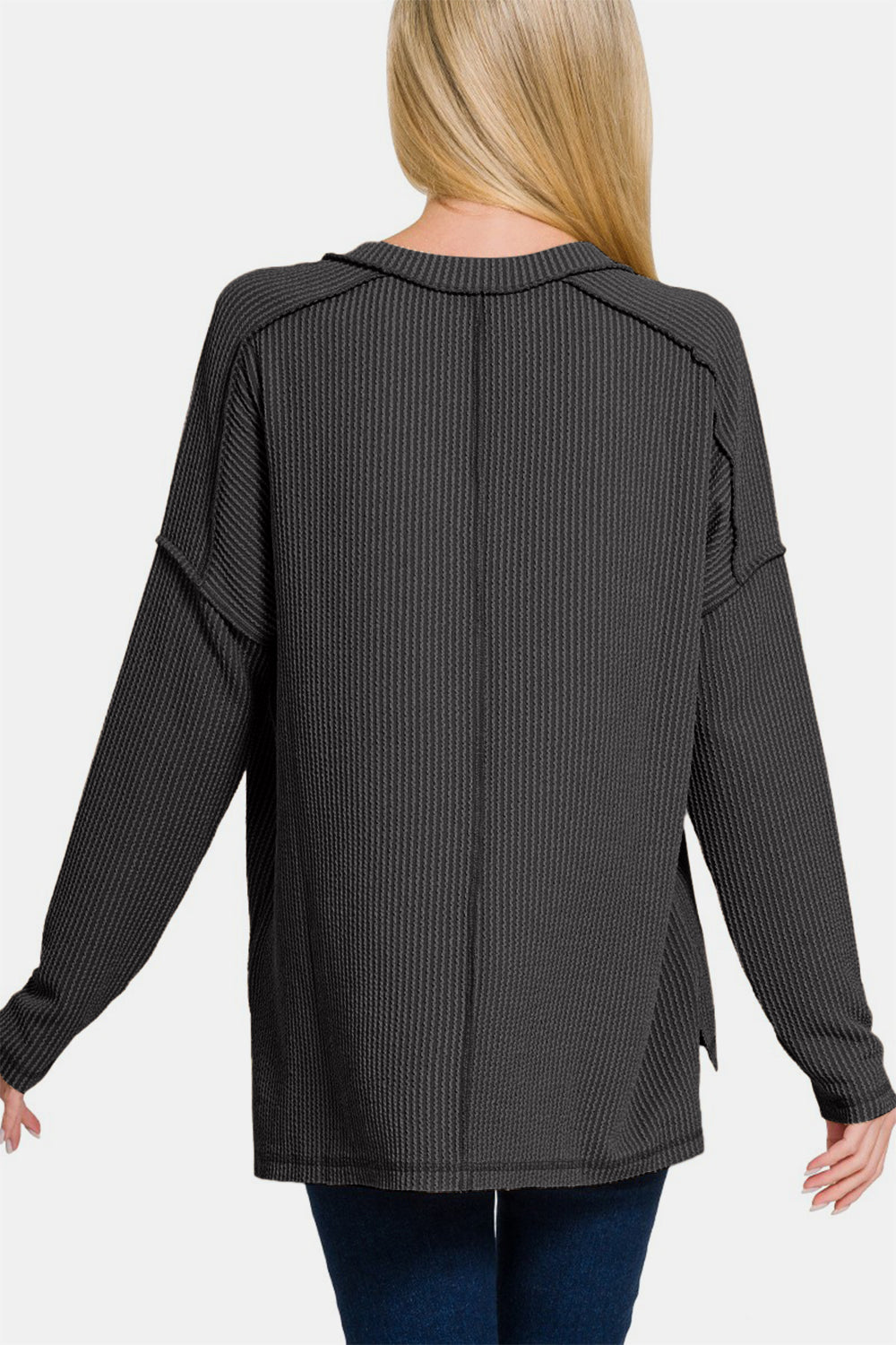 Zenana Black Ribbed Exposed Seam V-Neck Long Sleeve Top Shirts & Tops