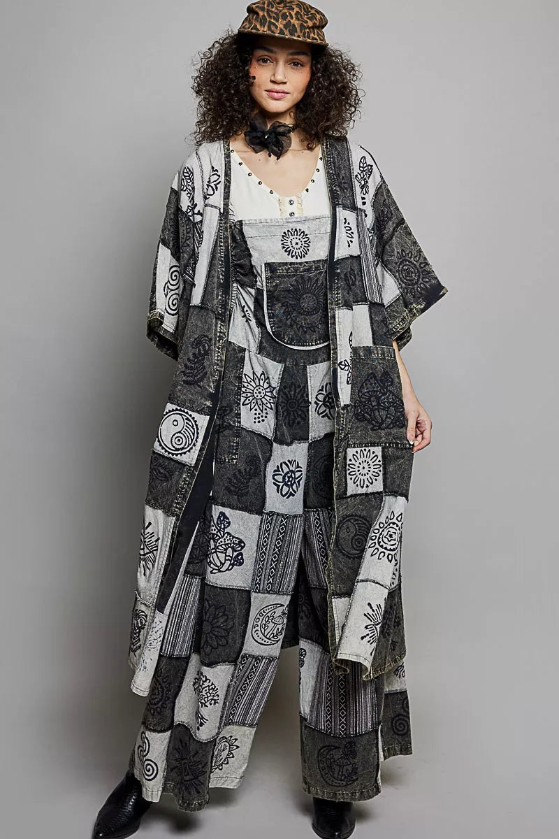 POL Black Multi Open Front Printed BohemianPatchwork Longline Cardigan