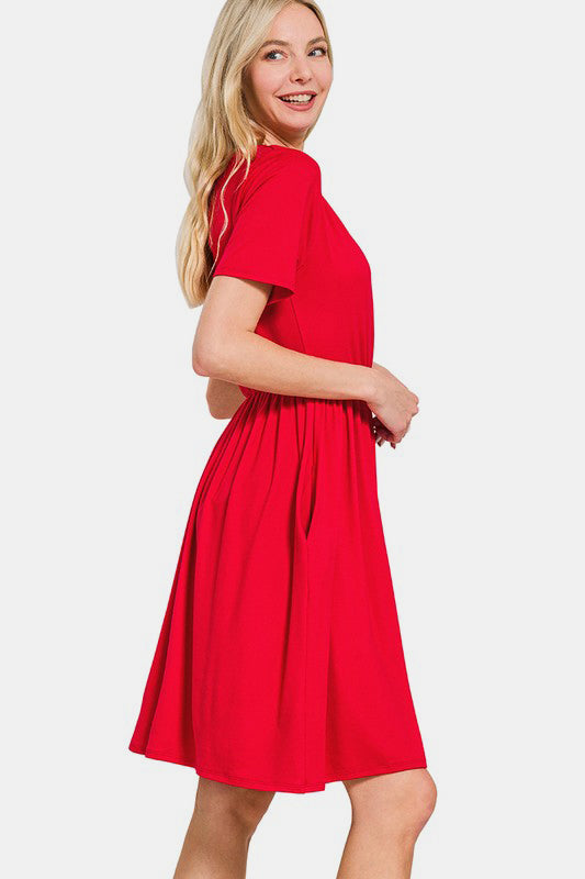 Zenana Red Surplice Short Sleeve Brushed DTY Dress Dresses