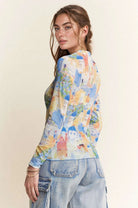 Davi & Dani Cobalt Multi Printed Mesh Round Neck Long Sleeve Top