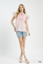 Umgee Pink Striped Flutter Sleeve Blouse