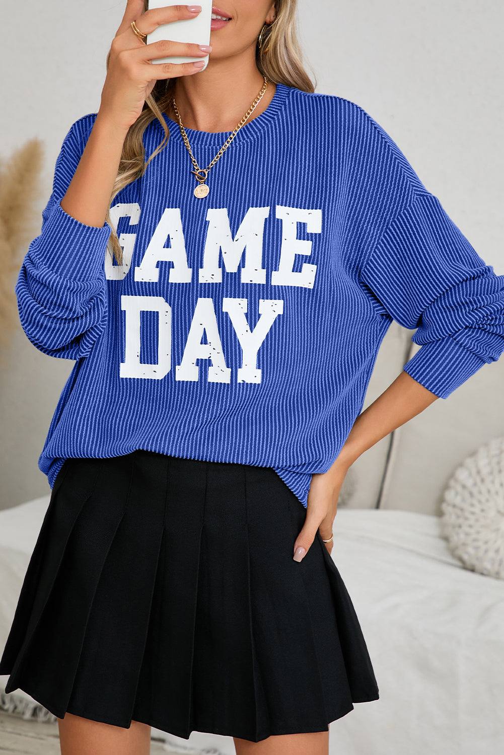 Bluing Corded Ribbed GAME DAY Graphic Long Sleeve Top Shewin