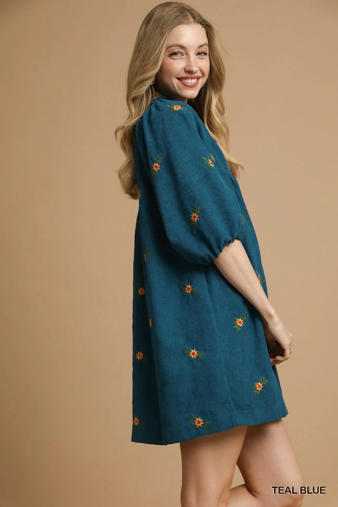 Umgee Teal Blue Corduroy Babydoll Dress with Floral Embroidery