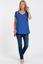 Zenana Light Navy Rayon Short Sleeve V-neck Round Hem Top