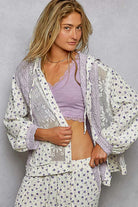 POL Lavender Floral Balloon Sleeve Hooded Lace Jacket with Stitch Detail